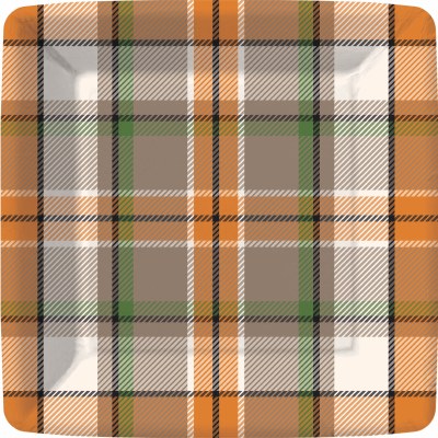 Pack of Eight 7" Sq Orange and Plaid Plates