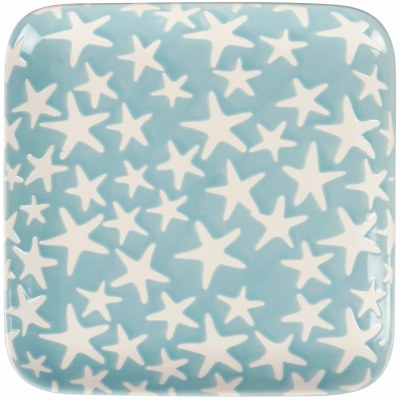 8" Sq Blue and White Starfish Ceramic Plate