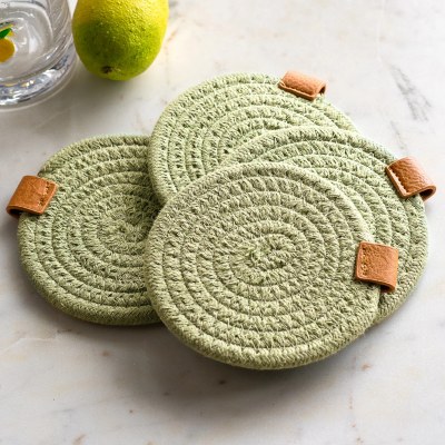 Set of Four 4" Light Green Fabric Coasters