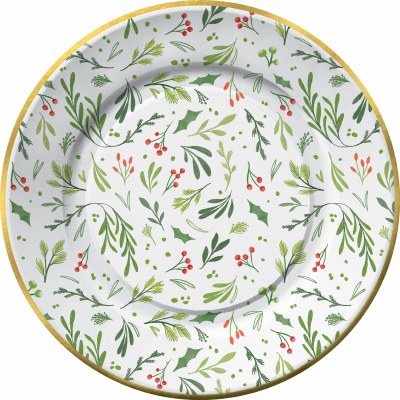 Pack of Eight 7" Round Festive Greenery Plates