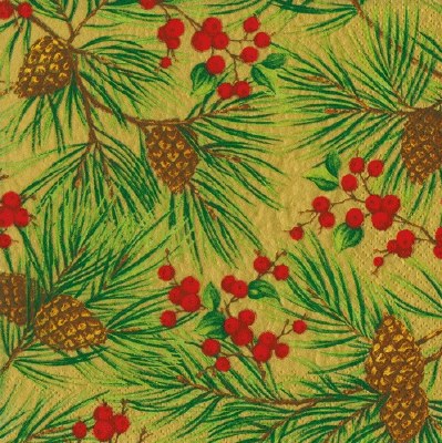 5" Sq Pine Berry Gold Beverage Napkins
