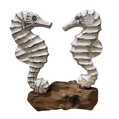 9" Distressed White Two Seahorses on Driftwood Base