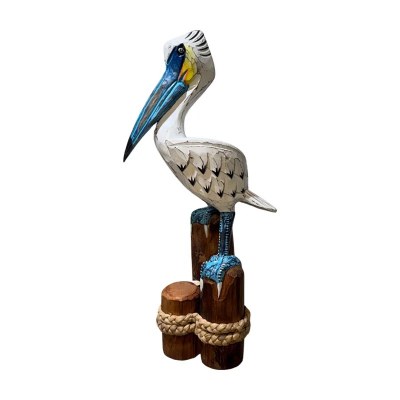 22" Distressed White and Blue Wood Pelican on Piling