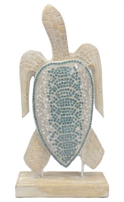 23" Blue Whitewashed Mosaic Wood Turtle