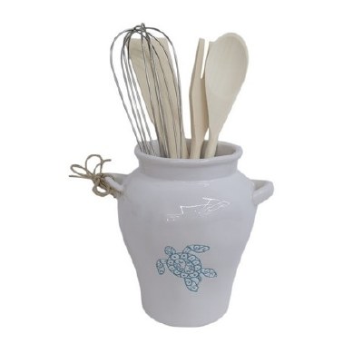 6" Blue and White Turtle Jar With Utensils