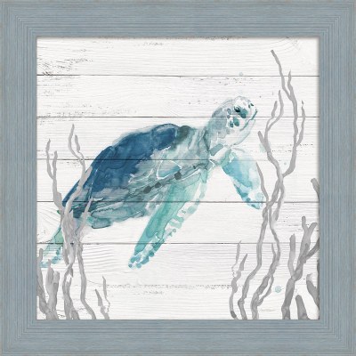 32" Sq Blue Turtle 2 Gel Textured Coastal Print in Wedgewood Blue Frame