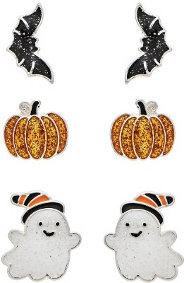 Set of Three Silver Toned Bat, Pumpkin, and Ghost Earrings