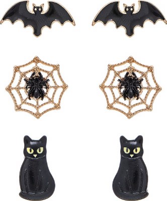 Set of Three Gold Toned Black Cat, Spider Web, and Bat Earrings