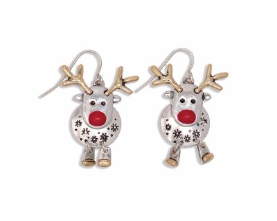 Silver and Gold Toned Dancing Reindeer Christmas Earrings