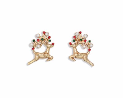 Gold Toned, Red, and Green Christmas Reindeer Earrings