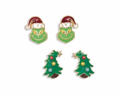 Set of Two Gold Toned Green Grinch and Christmas Tree Earrings
