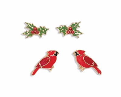 Set of Two Gold Toned Cardinal and Holly Christmas Earrings