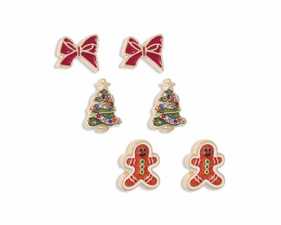 Set of Three Gold Toned Glittery Bows, Christmas Trees and Gingerbread Men Earrings