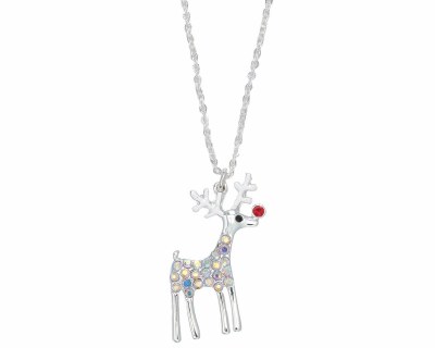 18" Silver Toned Bling Reindeer Christmas Necklace