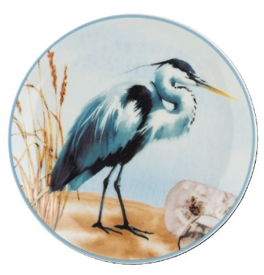 5" Round Coastal Ceramic Blue Heron Dish