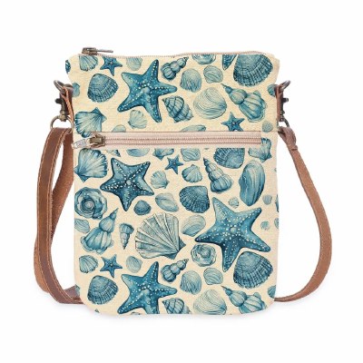 9" x 8" Blue Seashells Coastal Slim Sling Purse