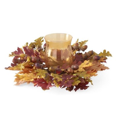 18" Round Faux Fall Leaves With Glass Hurricane Centerpiece