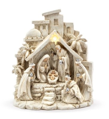 8" LED Antique White Nativity Scene