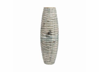 26" White and Taupe Ribbed Ceramic Vase