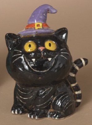 6" Black Cat Wearing a Hat Ceramic Figurine