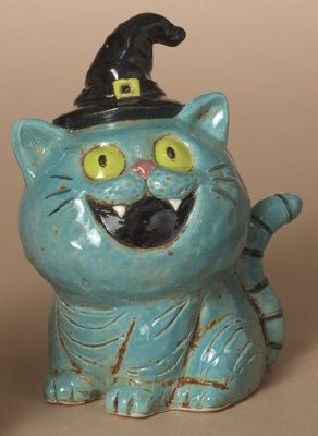 6" Turquoise Cat Wearing a Hat Ceramic Figurine