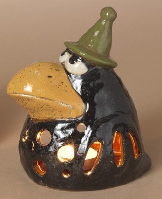 6" Raven Wearing a Green Hat Ceramic Tealight Holder