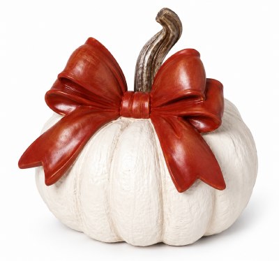6" White Pumpkin With a Bow Polyresin Figurine
