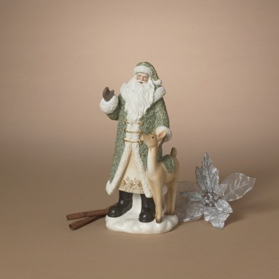 12" Polyresin Green Santa With Reindeer