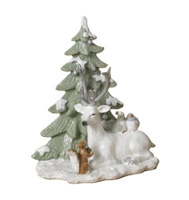 8" White Reindeer With a Birds Polyresin Figurine