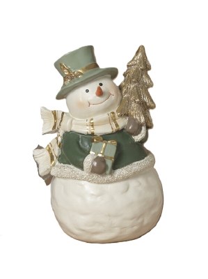 6.5" Polyresin Green and White Snowman With Tree