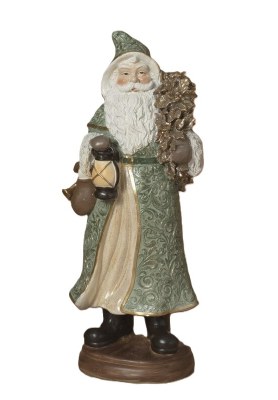 12" Polyresin Green Santa With Lantern Figurine