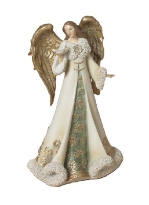 10" Polyresin Gold and Cream Angel With Bird Figurine