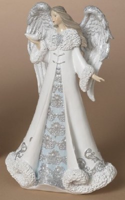 10"  Silver and White Angel Holding Bird Polyresin Statue