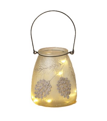 6" LED Frost Pinecone Glass Lantern