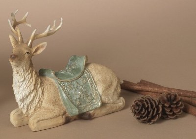 Green and Brown Reindeer Laying Down Polyresin Statue
