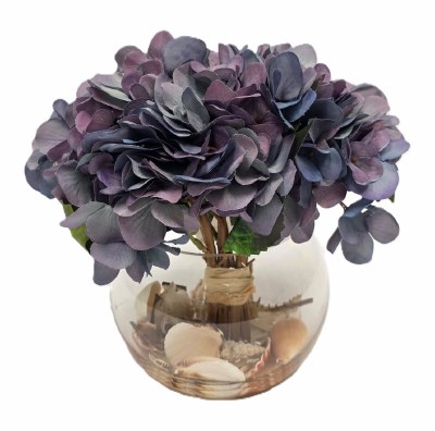 9" Faux Blue Hydrangea in a Glass Ball With Seashells at the Bottom