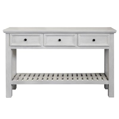 58" White Three Drawer and One Shelf Console Table