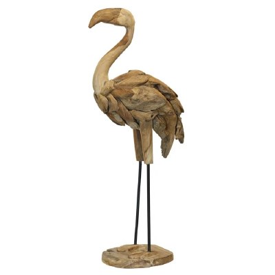 39" Natural Teak Chunk Flamingo Statue
