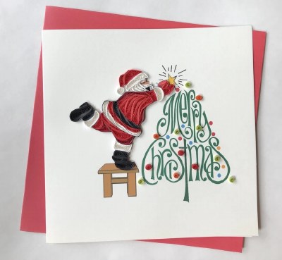 Santa Putting a Star on a Christmas Tree Quilling Card