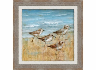 16" Sq Four Sandpipers 1 Gel Textured Coastal Print in a Brown Wood Frame