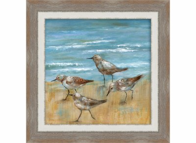 16" Sq Four Sandpipers 2 Gel Textured Coastal Print in a Brown Wood Frame