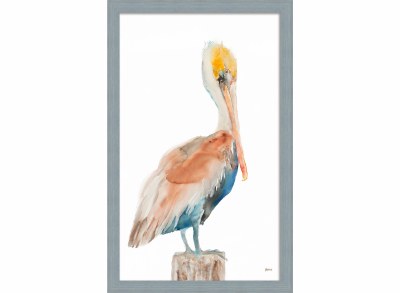 46" x 30" Pelican 1 Gel Textured Coastal Print in a Seawashed Blue Frame