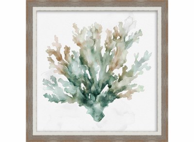 28" Sq Blue and Green Coral 1 Gel Textured Coastal Print in a Brown Wood Frame