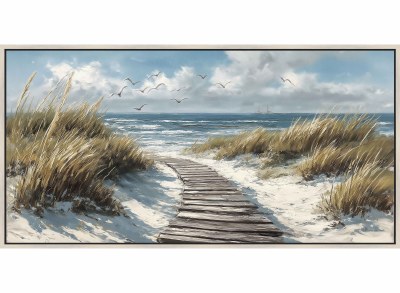 32" x 62" Beach Path With Birds in the Sky Coastal Canvas in a White Frame