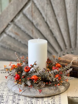 4" Opening Faux Taupe Foliage and Orange Berries Candle Ring