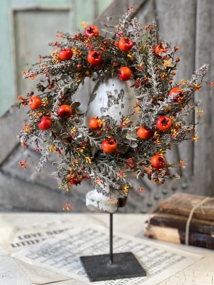 6" Opening Faux Taupe Foliage and Orange Berries Candle Ring