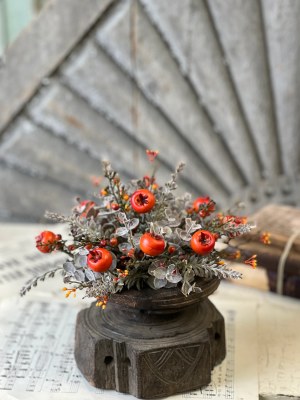 9" Faux Taupe Foliage and Orange Berries Half Orb