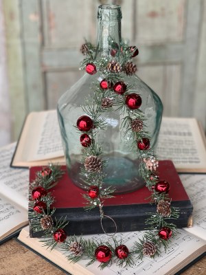 52" Red Bell Faux Pine With Cones Garland