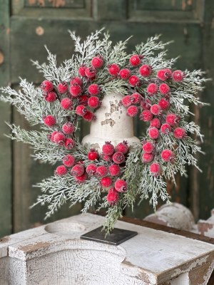 6.5" Opening Faux Iced Red Berries and Pine Candle Ring