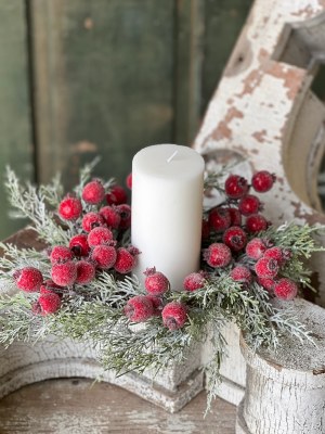 4.5" Opening Faux Iced Red Berries and Pine Candle Ring